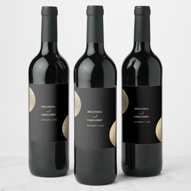 Modern Contemporary Black & Gold Abstract Wedding Wine Label (Bottles)