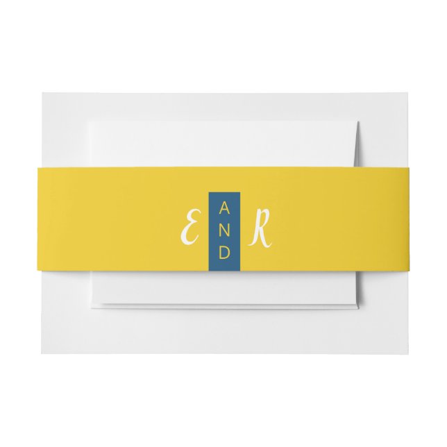 Modern Contemporary blue & yellow wedding monogram Invitation Belly Band (Front Example)