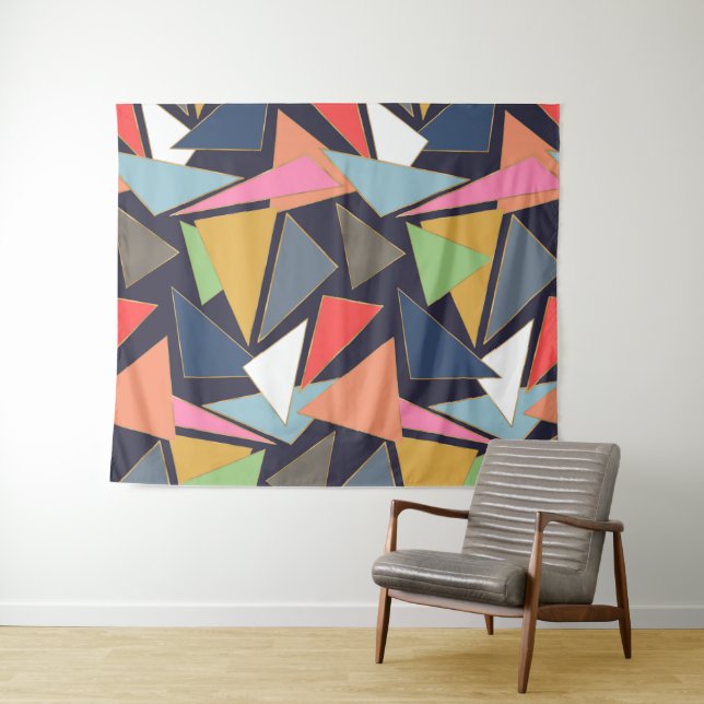 Modern Contemporary Gold Strokes Colourful Triangl Tapestry (In Situ (Horizontal))