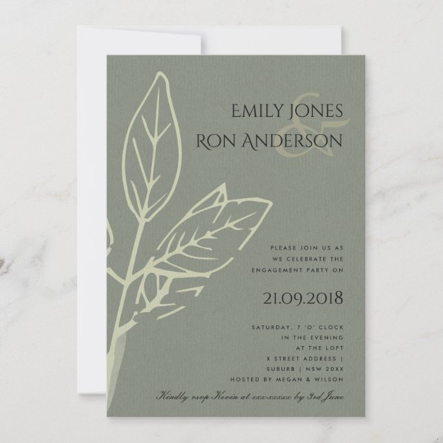 MODERN CONTEMPORARY GREY KRAFT LEAVES ENGAGEMENT INVITATION (Front)