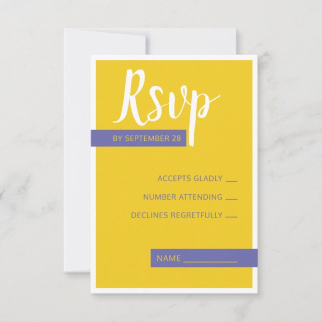 Modern Contemporary purple yellow wedding minimal RSVP Card (Front)