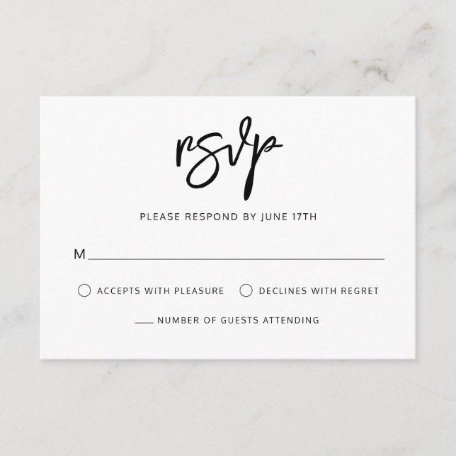 Modern Contemporary Script Black White Wedding RSVP Card (Front)