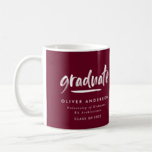 Modern contemporary script burgundy graduation coffee mug