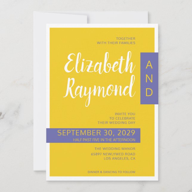 Modern contemporary yellow purple minimal wedding invitation (Front)