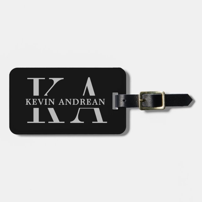 Modern Cool Black Monogram Luggage Tag (Front Horizontal)
