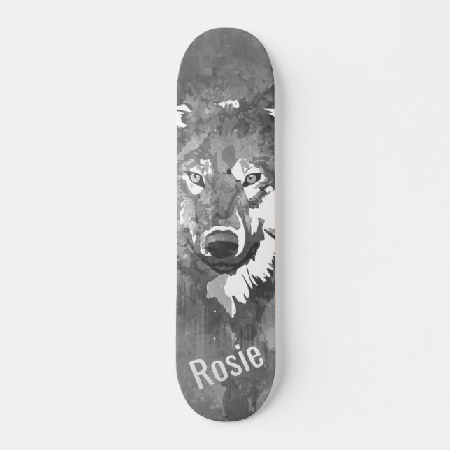 Modern cool black white watercolor wolf skateboard (Front)