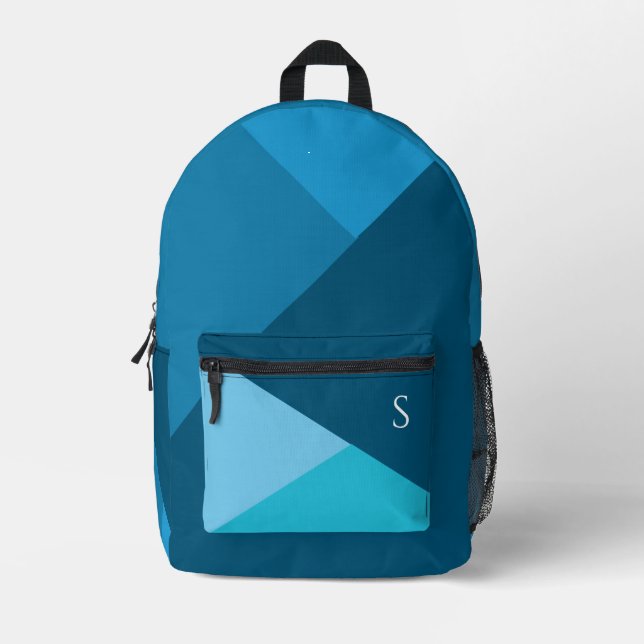 Modern Cool Blue Geometric Monogram Printed Backpack (Front)