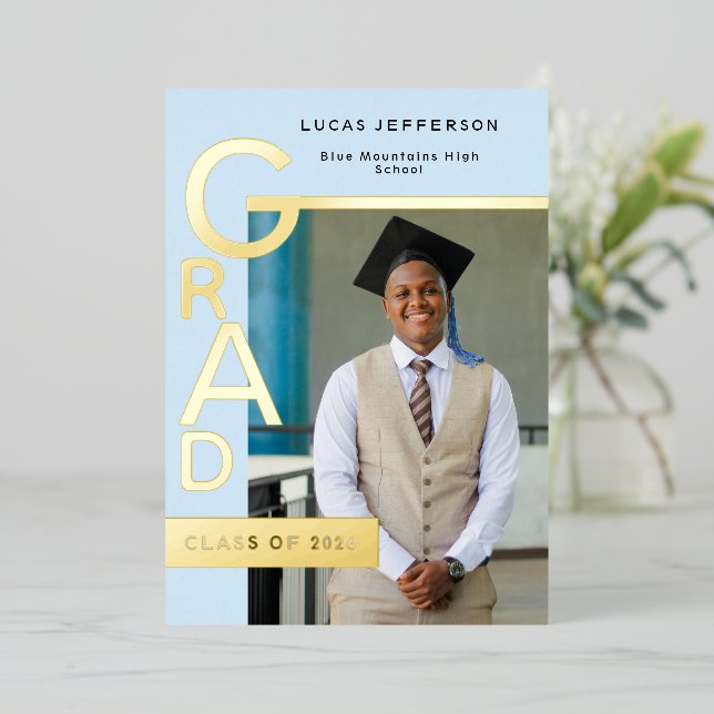 Modern Cool Blue Graduation Announcement Gold foil (Standing Front)