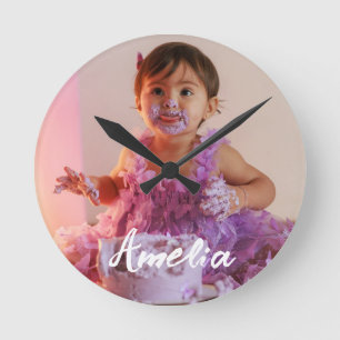 Modern Cool Custom Photo Birthday Round Clock