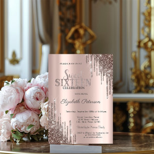 Modern Cool Glitter Drips Rose Gold Sweet 16 Invitation