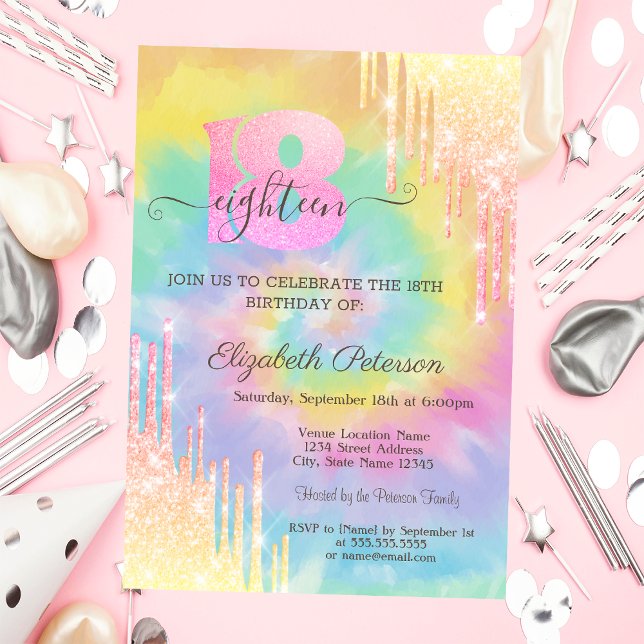 Modern Cool Glitter Drips Tie Dye 18th Birthday   Invitation (Creator Uploaded)