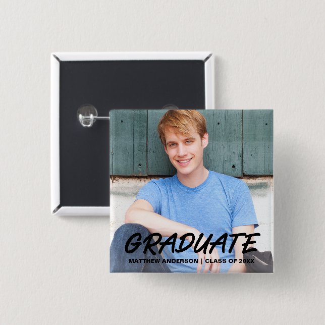 Modern Cool Graduation Photo Announcement 2 Inch Square Button (Front & Back)