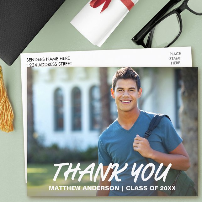 Modern Cool Graduation Thank You W Postcard (Customize to change your personalized text size or text style.)