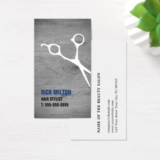 Modern Cool Grey Wooden White Scissor Hairstylist Business Card