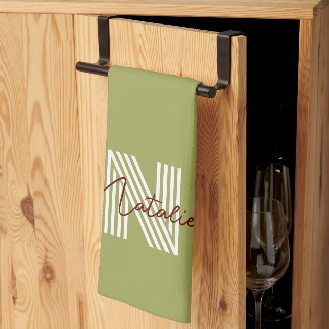Modern cool initial and script text olive green kitchen towel (Thirds Fold)