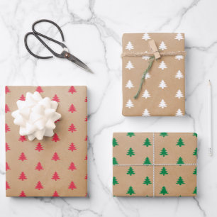 Modern Cool Kraft White Red Green Trees Wrapping Paper Sheet