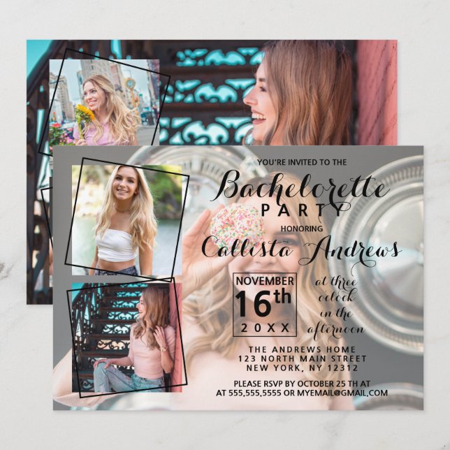 Modern Cool Photo Collage Bachelorette Party Invitation (Front/Back)