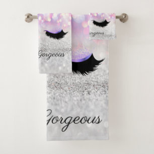Modern Cool Pink Silver Glitter Bokeh,Faux Lashes Bath Towel Set