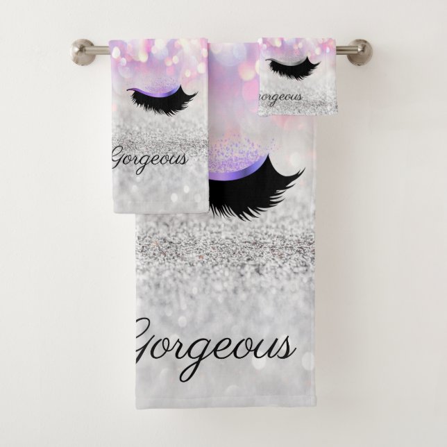 Modern Cool Pink Silver Glitter Bokeh,Faux Lashes Bath Towel Set (Insitu)