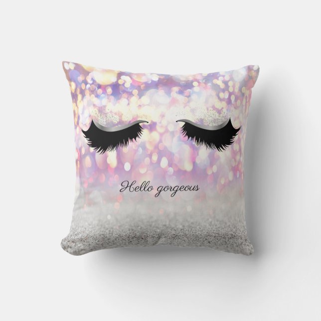 Modern Cool Pink Silver Glitter Bokeh,Faux Lashes Throw Pillow (Front)