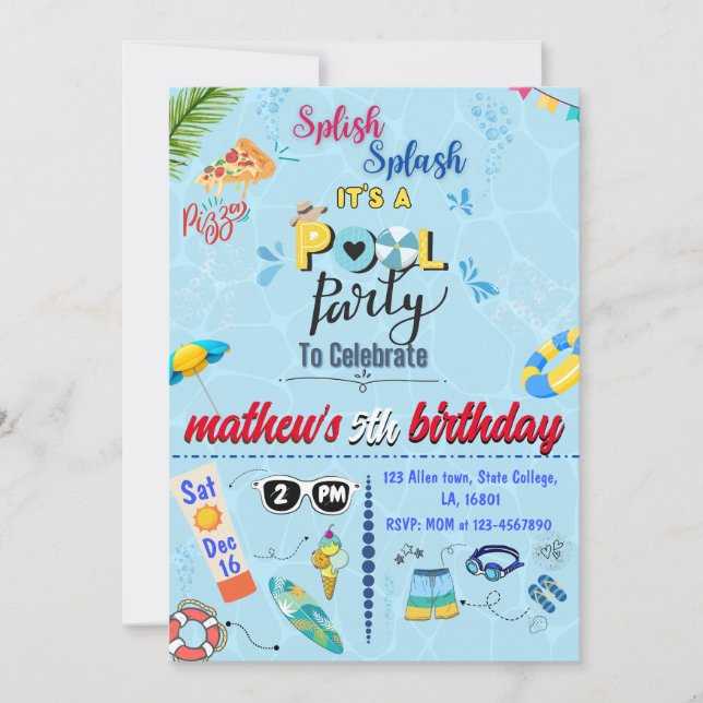 Modern Cool Pool Summer Birthday Party  Invitation (Front)