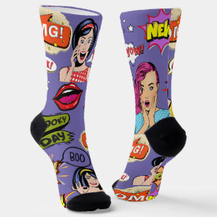 Modern cool pop art Colourful cartoon purple Socks