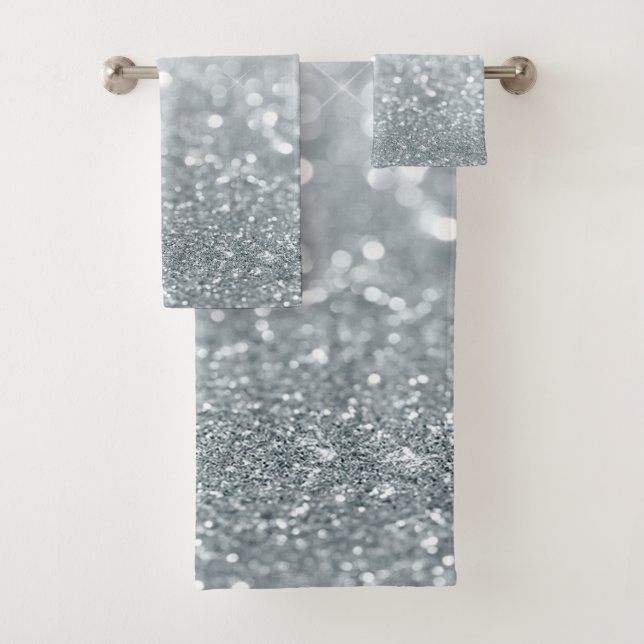 Modern Cool Silver Glitter Bokeh Bath Towel Set (Insitu)