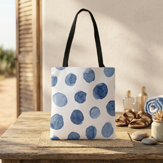 Modern cool summer beach blue watercolor dots tote bag