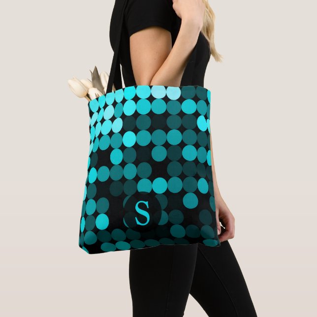Modern Cool Unique Turquoise Dots Pattern Monogram Tote Bag (Close Up)