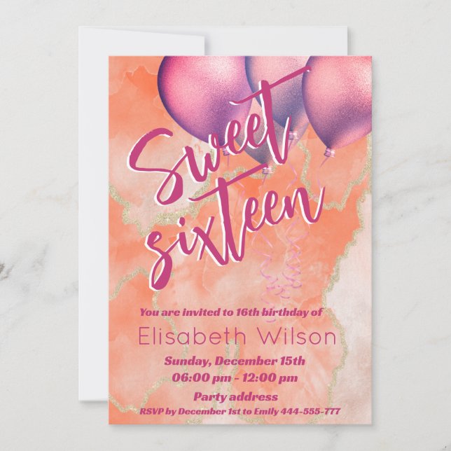 Modern cool watercolor pink orange sweet 16 invitation (Front)