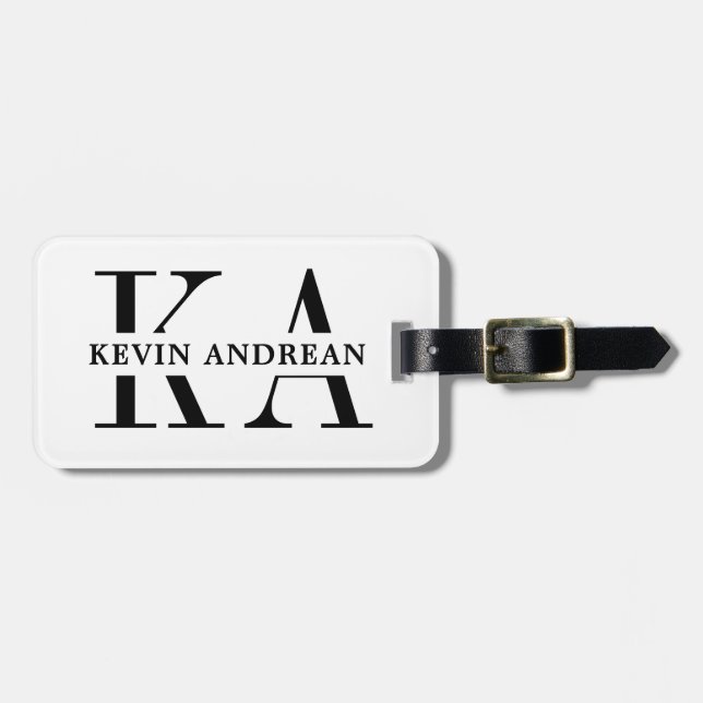 Modern Cool White Black Monogram Luggage Tag (Front Horizontal)