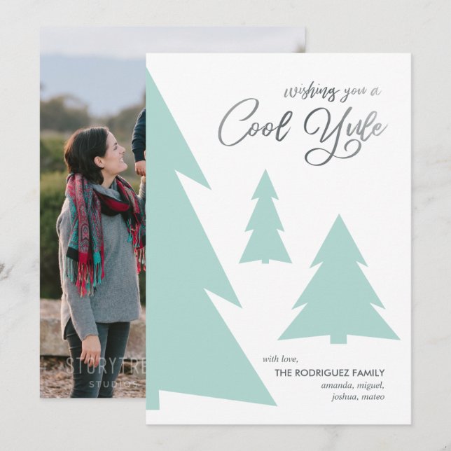 Modern Cool Yule Script Light Green Trees Photo Holiday Card (Front/Back)