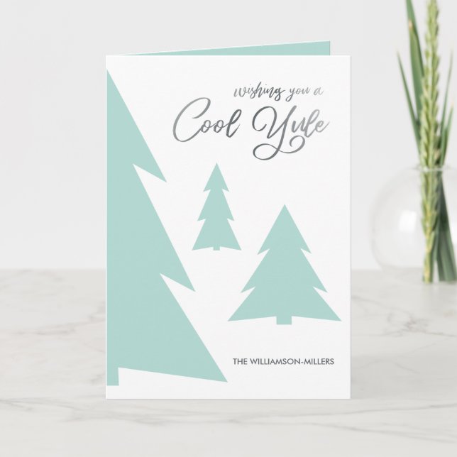 Modern Cool Yule Script Light Green Trees Photo Holiday Card (Front)