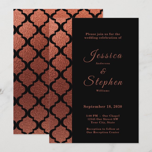 Modern Copper & Black Elegant Moroccan Wedding Invitation (Front/Back)