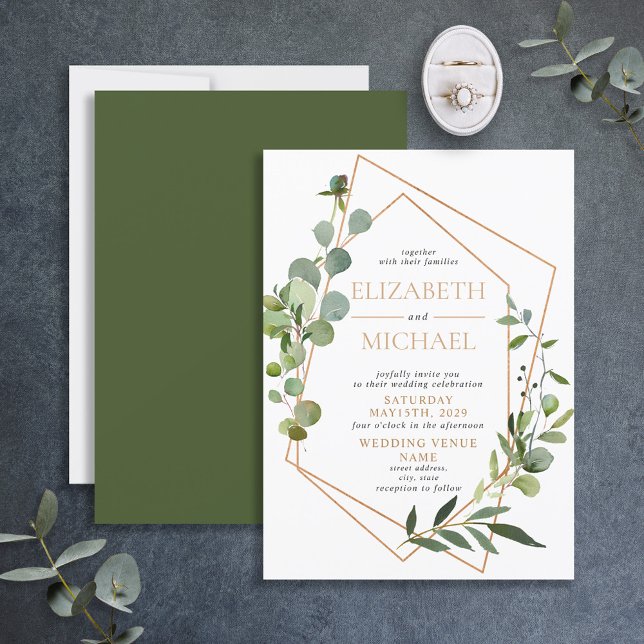 Modern Copper Geometric Eucalyptus Elegant Wedding Invitation (Creator Uploaded)