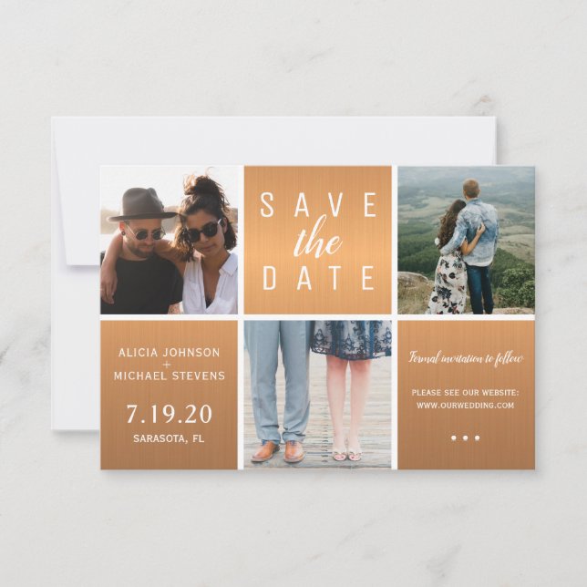 Modern copper gold glitter 3 photo collage wedding save the date (Front)