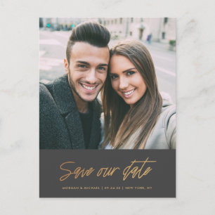 Modern Copper Gold Scrawl   Photo Save our Date Announcement Postcard