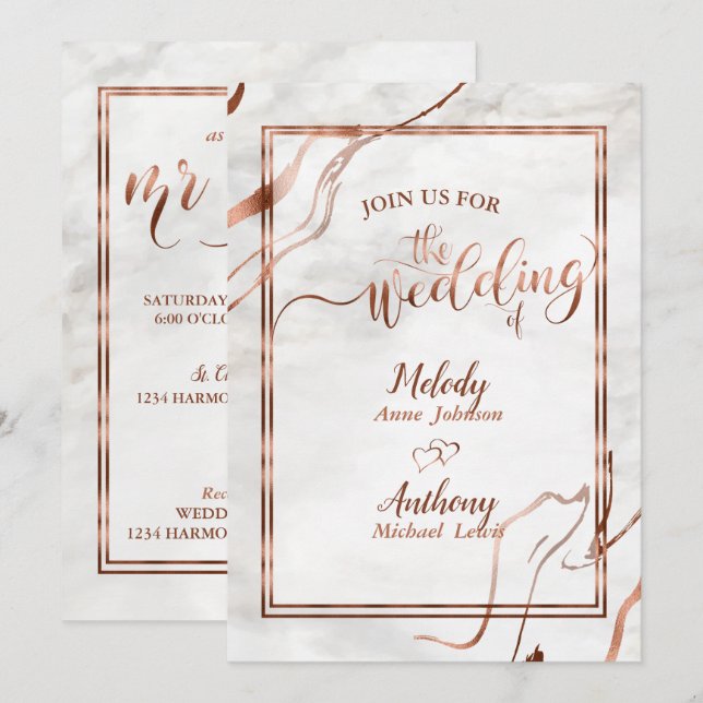 Modern Copper & Italian Marble Wedding Inspiration Invitation (Front/Back)