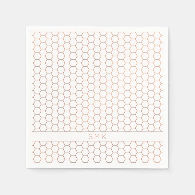Modern Copper Rose Gold Foil Hexagon Monogram Napkin (Front)