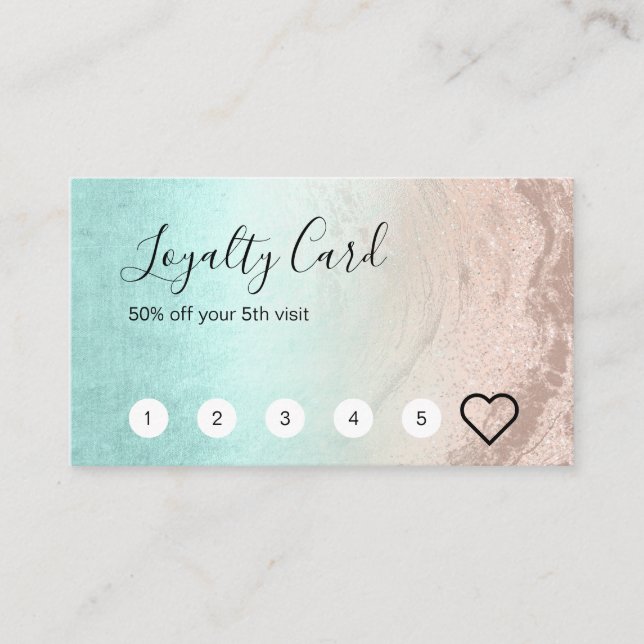 Modern copper rose gold glitter mint makeup artist loyalty card (Front)