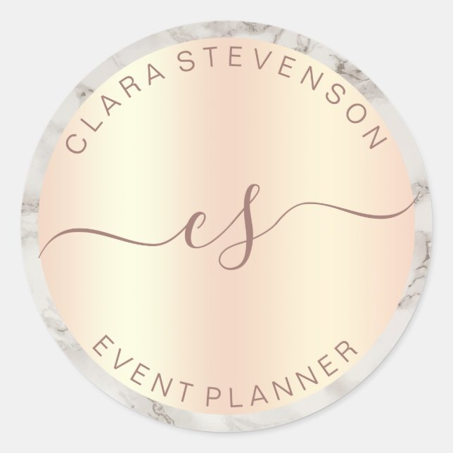 Modern copper rose gold & marble event planner classic round sticker (Front)