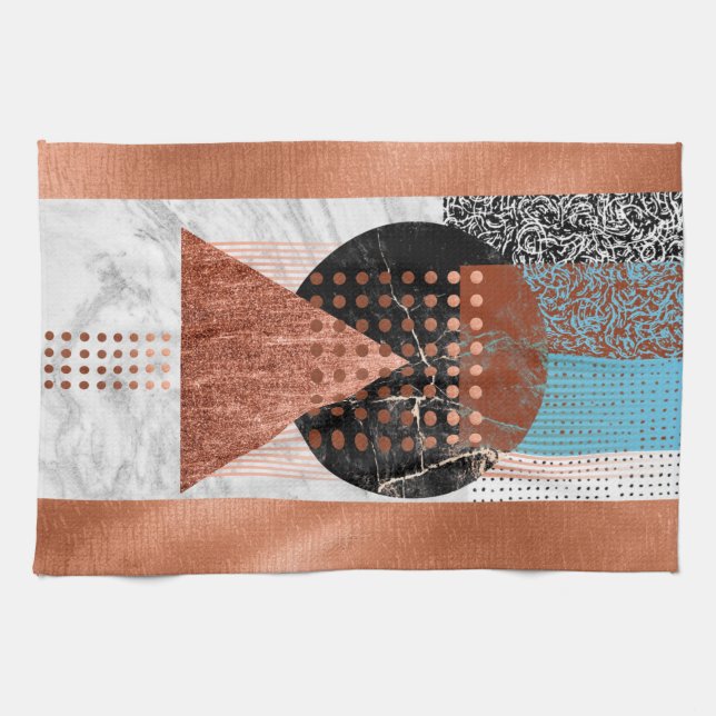 Modern Copper Teal Blue Black Geometric Patterns Kitchen Towel (Horizontal)