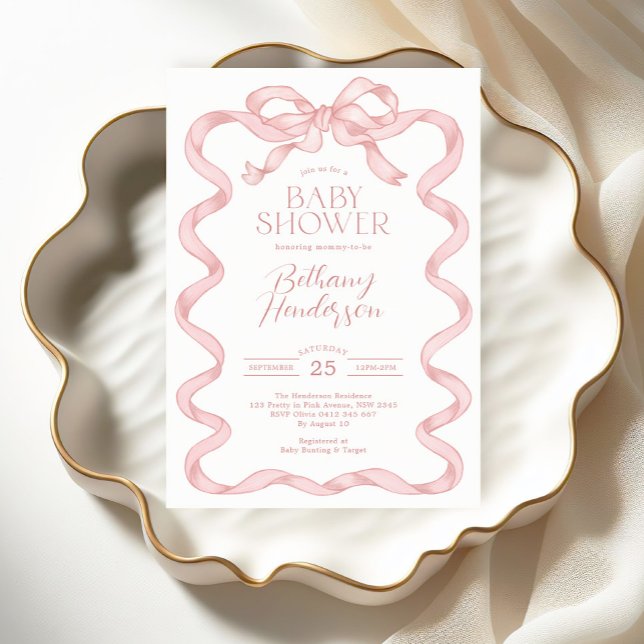 Modern Coquette Pink Bow Girl Baby Shower Invitation (Creator Uploaded)