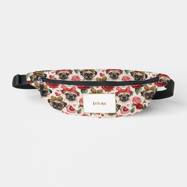 Modern Coquette Pug Dog Pattern Personalized  Fanny Pack (Front)