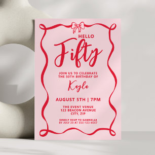 Modern Coquette Red Bow Hello Fifty Milestone Invitation