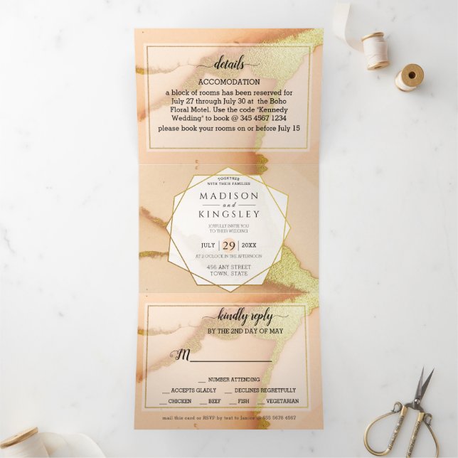 Modern Coral Abstract 🌸 Inky Oil Wedding  Tri-Fold Invitation (Inside)