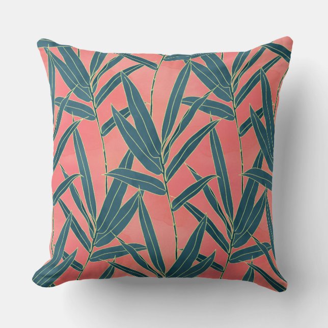 Modern coral and blue foliage design throw pillow (Front)