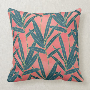 Modern coral and blue foliage design throw pillow