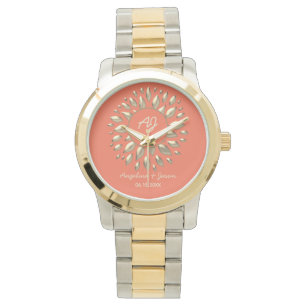Modern Coral and Gold Sun Monogram Wedding Favour Watch