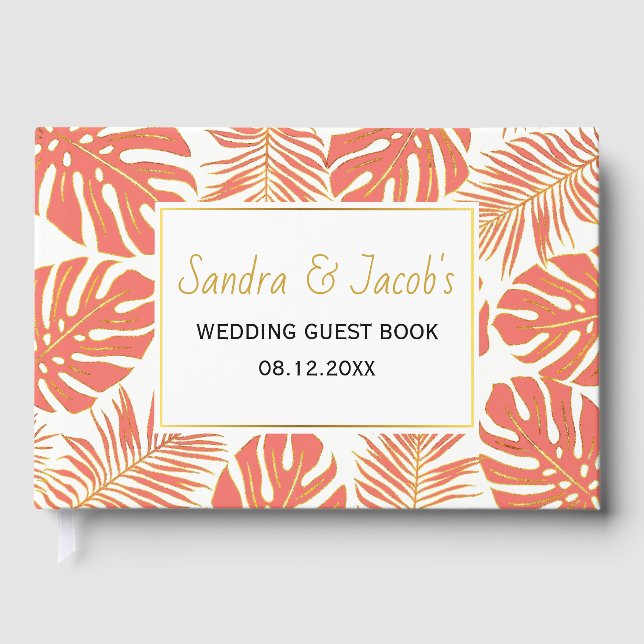Modern coral and gold tropical leaves wedding guest book (Front)